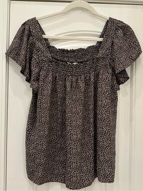 Lucky Brand Black Smocked Peasant Blouse with Floral Print L
